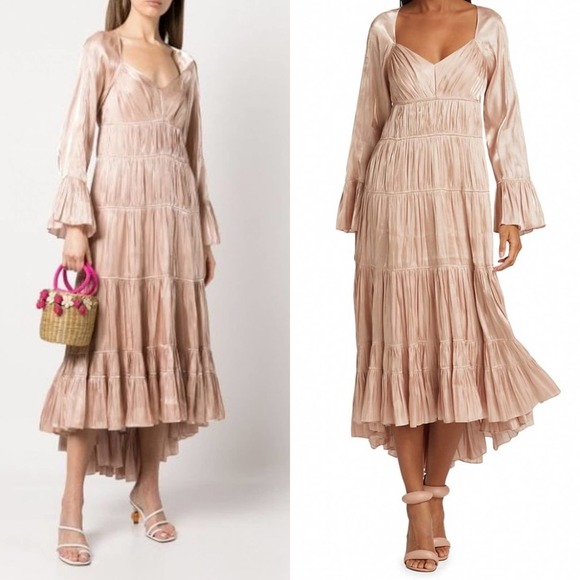 Cinq a Sept Nina tiered satin shimmery midi dress in trut champagne size 6 - Picture 4 of 12